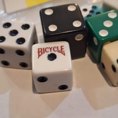 Vintage & Modern Mixed Dice Lot – Bicycle Playing Cards Advertising Dice, Oversized Black, Green, Blue & Ivory Dice