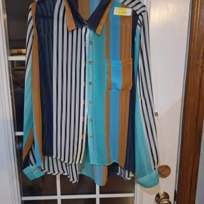 Audrey Ann Women’s Size 13/14 Multicolor Striped Sheer Button Front Blouse