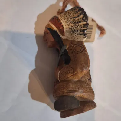 Ornament- Native American Style Seated Hunter Warrior Figurine with Feather Headdress & Rifle