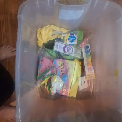 Large Tub of Assorted Craft, Party & Gift Supplies – Ribbon, Balloons, Gift Bags, Cards, Stickers, Foam Shapes, Paint, Fabric & More