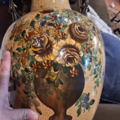 Large Vintage-Style Double Handle Floral Floor Vase / Urn – Crackle Glaze Decorative Vase