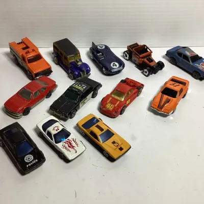 Vintage Hot Wheels & Matchbox Die-Cast Toy Car Lot – 12 Vehicles, Race Cars, Police Car, Hot Rod & Trucks