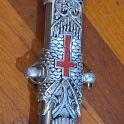 Ornate Medieval Fantasy Templar Knight Sword with Decorative Scabbard – Red Cross Accents