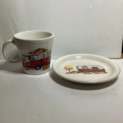 Fiesta USA Fall Camper & Red Volkswagen Bus Mug and Plate Set
