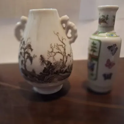 Pair Vintage 1980 FP Japan Miniature Porcelain Vases Asian Landscape Butterfly Figural Designs