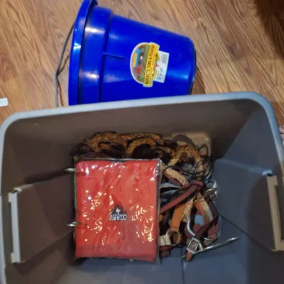tub with assorted tack and a feed bucket