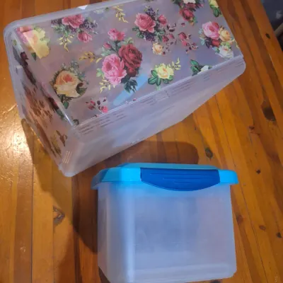 Two Plastic Storage Containers with Lids – Floral Organizer Box & Sterilite Blue-Lid Container