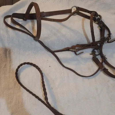 Large Horse Western Leather Bitless Hackamore Bridle with Braided Leather Reins