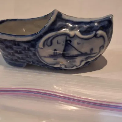 Vintage Blue & White Porcelain Dutch Shoe Clog Miniature Planter Sailboat Windmill Delft Style