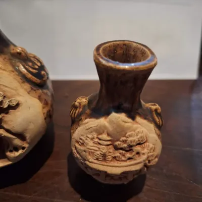 Pair Chinese Asian Ceramic Relief Landscape Vases Brown Drip Glaze Pagoda Temple Scenic Design