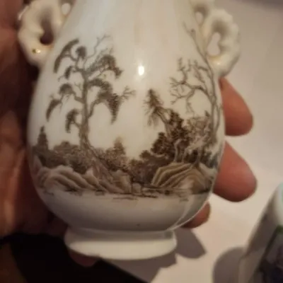 Pair Vintage 1980 FP Japan Miniature Porcelain Vases Asian Landscape Butterfly Figural Designs
