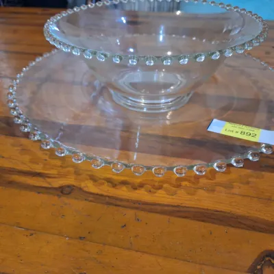 Vintage Clear Glass Beaded Edge Serving Platter & Matching Footed Bowl Set