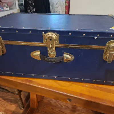 Vintage Seward Blue Footlocker Storage Trunk with Brass-Tone Hardware & OSB Wood Interior