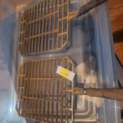 Pair Vintage Cast Metal Fireplace Coal Wood Stove Grates with Wooden Handles