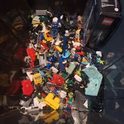 black storage container with lego pieces