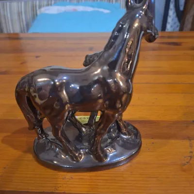 Vintage Metallic Glaze Ceramic Horse Mare & Foal Figurine Sculpture