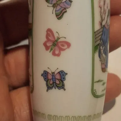 Pair Vintage 1980 FP Japan Miniature Porcelain Vases Asian Landscape Butterfly Figural Designs