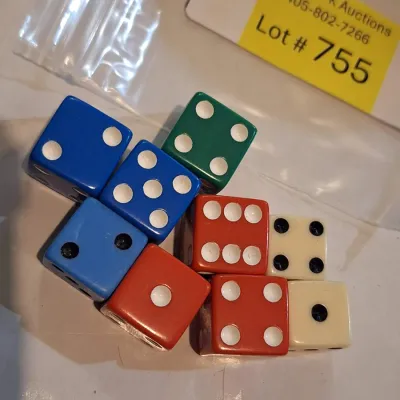 Lot of 9 Assorted Vintage-Style Colorful Six-Sided Dice – Red Blue Green & Ivory
