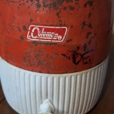 Vintage Coleman Red & White Insulated Water Cooler Jug with Spigot & Carry Handle