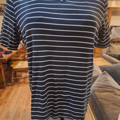 Chico’s Size 3 Women’s Black & White Striped V-Neck Short Sleeve Cotton Top Shirt