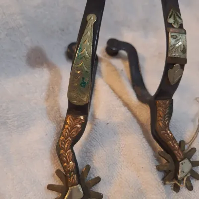 Vintage Western Cowboy Spurs with Engraved Silver & Copper Tone Inlay Heart Motifs & Large Rowels