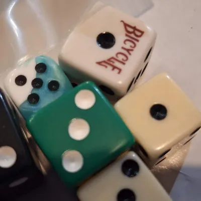 Vintage & Modern Mixed Dice Lot – Bicycle Playing Cards Advertising Dice, Oversized Black, Green, Blue & Ivory Dice