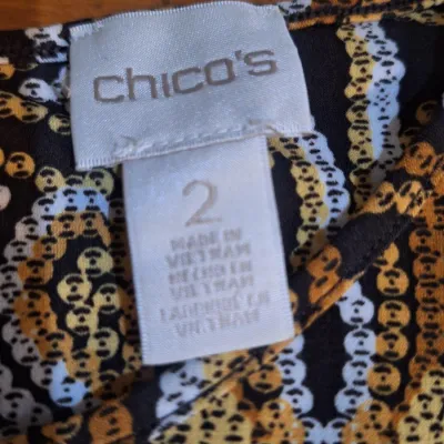 Chico’s Size 2 Brown Black Gold White Medallion Print 3/4 Sleeve Tunic Top – Approx XL