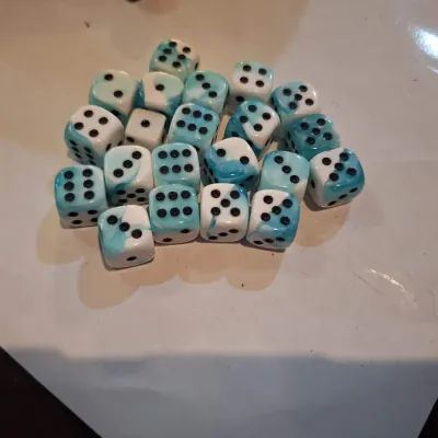 Lot of 20 Blue & White Swirl Six-Sided Dice with Black Pips