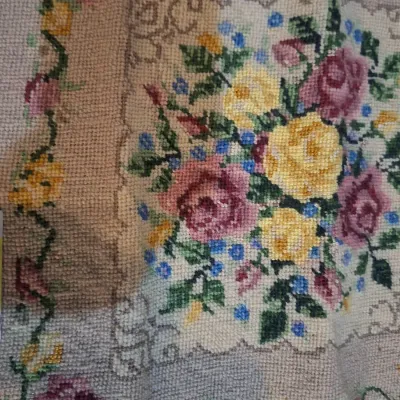 Vintage Handworked Floral Needlepoint Canvas – Pink & Yellow Roses – Unframed