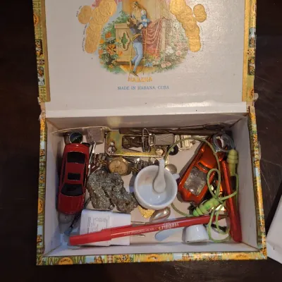 Vintage Habanos Romeo y Julieta Cuban Cigar Box Junk Drawer Lot Watch Keys Toys Pyrite & Miscellaneous