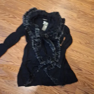 New With Tags Black Knit Cardigan Sweater with Faux Fur Trim