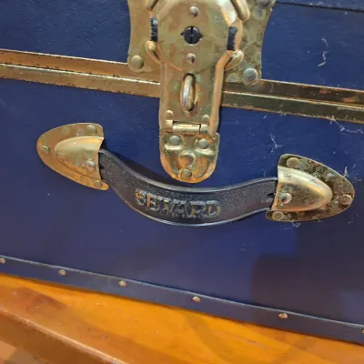 Vintage Seward Blue Footlocker Storage Trunk with Brass-Tone Hardware & OSB Wood Interior