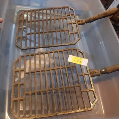 Pair Vintage Cast Metal Fireplace Coal Wood Stove Grates with Wooden Handles