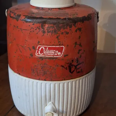 Vintage Coleman Red & White Insulated Water Cooler Jug with Spigot & Carry Handle