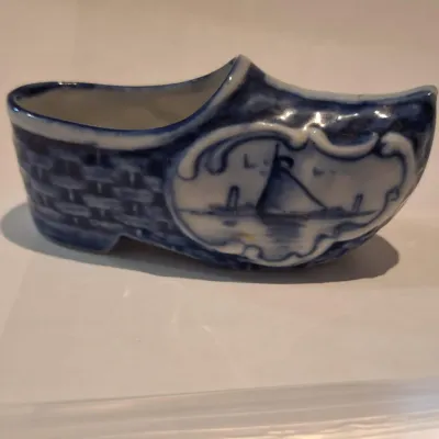 Vintage Blue & White Porcelain Dutch Shoe Clog Miniature Planter Sailboat Windmill Delft Style