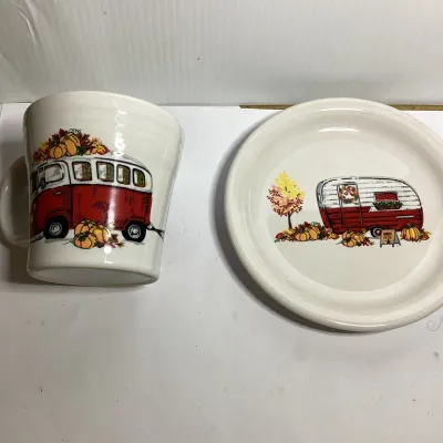 Fiesta USA Fall Camper & Red Volkswagen Bus Mug and Plate Set