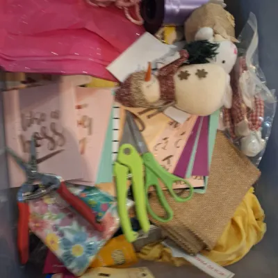 Large Tub of Assorted Craft, Party & Gift Supplies – Ribbon, Balloons, Gift Bags, Cards, Stickers, Foam Shapes, Paint, Fabric & More