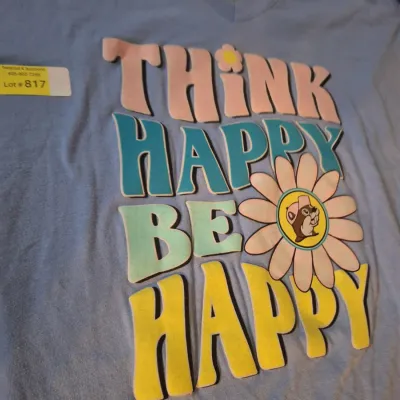 Buc-ee’s “Think Happy Be Happy” Blue V-Neck Graphic T-Shirt Size 3XL