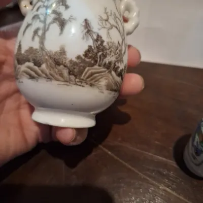 Pair Vintage 1980 FP Japan Miniature Porcelain Vases Asian Landscape Butterfly Figural Designs