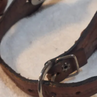 western riding spurs with brown tooled-leather spur straps