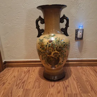 Large Vintage-Style Double Handle Floral Floor Vase / Urn – Crackle Glaze Decorative Vase