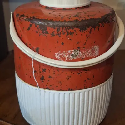 Vintage Coleman Red & White Insulated Water Cooler Jug with Spigot & Carry Handle