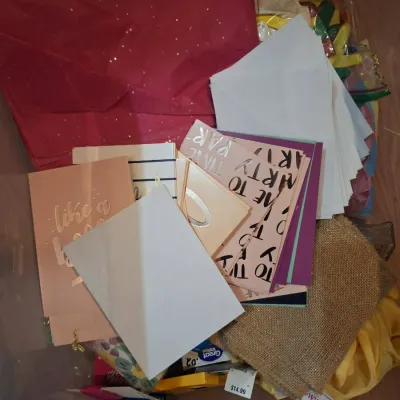 Large Tub of Assorted Craft, Party & Gift Supplies – Ribbon, Balloons, Gift Bags, Cards, Stickers, Foam Shapes, Paint, Fabric & More