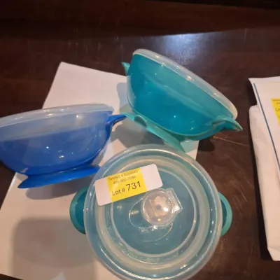 Set of 3 Vintage Plastic Covered Serving Bowls with Pedestal Bases – Blue & Turquoise