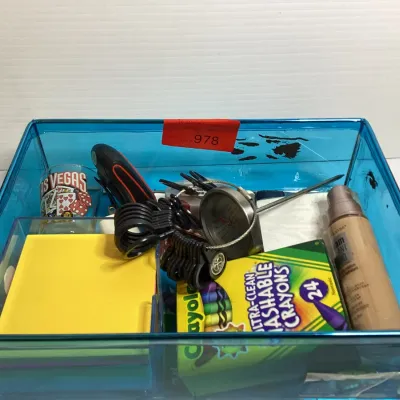 Mixed Junk Drawer Lot – Crayola Washable Crayons, Jewelry Ring Sizer, Thermometer, Counter, Notes & Misc.