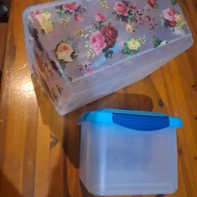 Two Plastic Storage Containers with Lids – Floral Organizer Box & Sterilite Blue-Lid Container