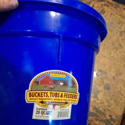 tub with assorted tack and a feed bucket