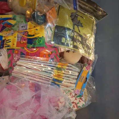 Large Tub of Assorted Craft, Party & Gift Supplies – Ribbon, Balloons, Gift Bags, Cards, Stickers, Foam Shapes, Paint, Fabric & More