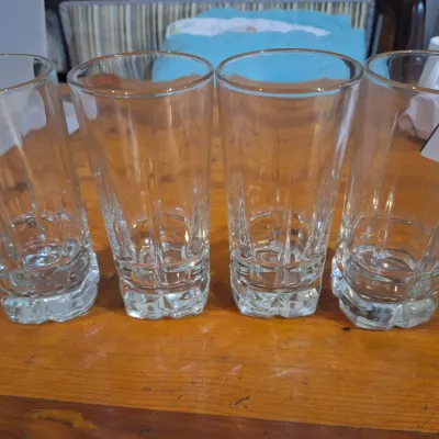 Set of 4 Clear Glass Tall Tumblers with Heavy Geometric Faceted Bases