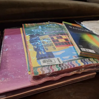 Large Craft & Paper Supply Lot – HP Glossy Brochure Paper, Construction Paper, Neon Paper, Doilies, & More